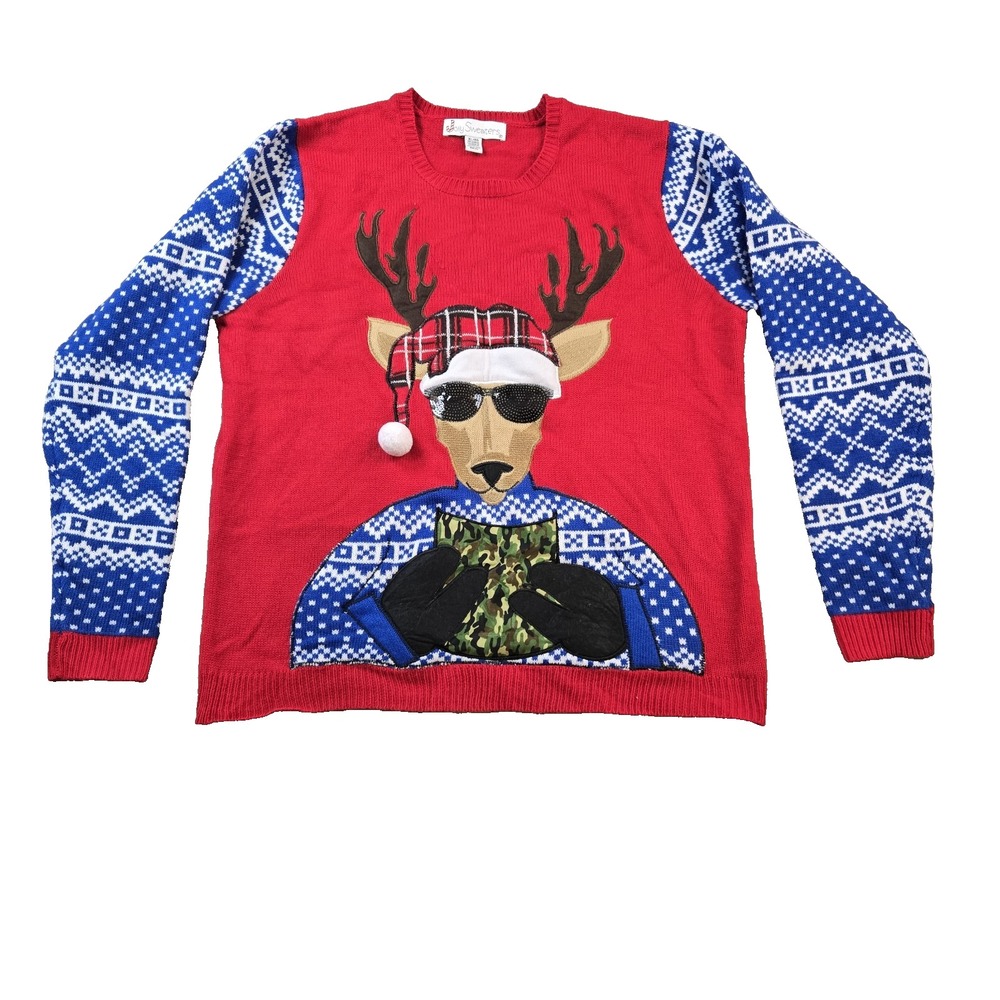 Jolly Sweater Men's  Pullover Christmas Sweater Deer Reading‎ Camo Sunglasses XL